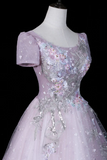 Elegant A-line Floral Lace Short Sleeves Tulle Prom Dress, Glitter Tulle Evening Dress Party Dress
