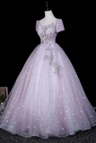 Elegant A-line Floral Lace Short Sleeves Tulle Prom Dress, Glitter Tulle Evening Dress Party Dress

