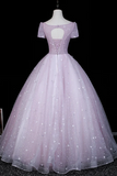 Elegant A-line Floral Lace Short Sleeves Tulle Prom Dress, Glitter Tulle Evening Dress Party Dress
