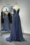 Navy Blue Sparkling A-Line Evening Gown with Crisscross Back
