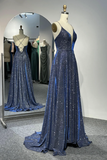 Navy Blue Sparkling A-Line Evening Gown with Crisscross Back
