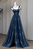 Navy Blue Celestial Embroidered Tulle Ball Gown with Corset Bodice
