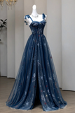 Navy Blue Celestial Embroidered Tulle Ball Gown with Corset Bodice
