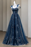 Navy Blue Celestial Embroidered Tulle Ball Gown with Corset Bodice
