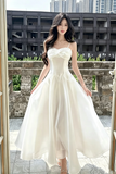 White Spaghetti Straps Satin A Line Prom Formal Dress, Ruched Sweetheart Neck Wedding Guest Dress
