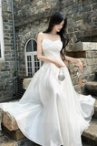 White Spaghetti Straps Satin A Line Prom Formal Dress, Ruched Sweetheart Neck Wedding Guest Dress
