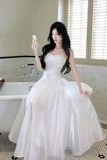 White Spaghetti Straps Satin A Line Prom Formal Dress, Ruched Sweetheart Neck Wedding Guest Dress
