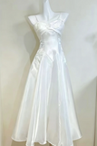 White Spaghetti Straps Satin A Line Prom Formal Dress, Ruched Sweetheart Neck Wedding Guest Dress
