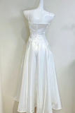 White Spaghetti Straps Satin A Line Prom Formal Dress, Ruched Sweetheart Neck Wedding Guest Dress
