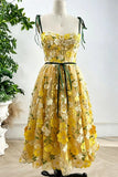 Yellow 3D Lace Tie Straps Corset Midi Birthday Dress
