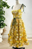 Yellow 3D Lace Tie Straps Corset Midi Birthday Dress

