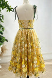 Yellow 3D Lace Tie Straps Corset Midi Birthday Dress

