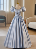 Blue Satin Short Sleeve Pleats Quinceanera Dress
