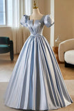 Blue Satin Short Sleeve Pleats Quinceanera Dress
