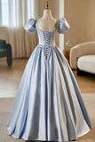 Blue Satin Short Sleeve Pleats Quinceanera Dress
