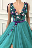 3D Flowers Deep V-neck Teal Evening Party Dress
