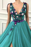 3D Flowers Deep V-neck Teal Evening Party Dress
