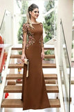 Sheath Long Sleeves Brown Prom Dresses With Floral Embroidery PFP3016