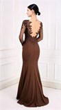 Brown evening gown with lace detailing on a white background