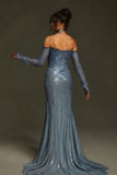 Beautiful Dusty Blue Off Shoulder Sequin Split Maxi Dress PFP2889