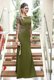 Sheath Long Sleeves Olive Green Prom Dresses With Floral Embroidery PFP3012