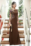 Sheath Long Sleeves Chocolate Brown Prom Dresses With Floral Embroidery PFP3017