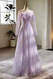 Off The Shoulder Feather Appliqué Light Purple Long Prom Dresses