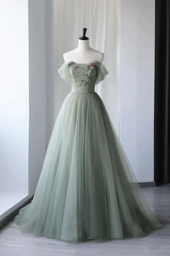 Gray Green Tulle Long Prom Dress, Lovely Off Shoulder A Line Evening Dress PFP2396