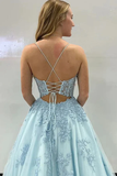 A Line Spaghetti Straps Corset Back Long Prom Dress With Appliques PFP2398