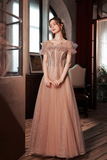 Pink Tulle Long A Line Prom Dress with Sequins, Off the Shoulder Evening Party Dress PFP2400