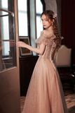 Pink Tulle Long A Line Prom Dress with Sequins, Off the Shoulder Evening Party Dress PFP2400