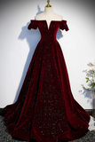 Burgundy Velvet Long Prom Dress, A Line Off the Shoulder Evening Dress PFP2401