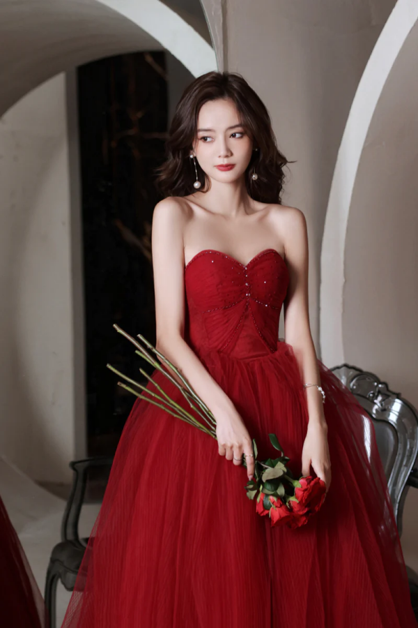 Red Tulle Long A Line Prom Dress, Off the Shoulder Evening Graduation –  Promfast