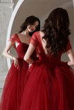 Red Tulle Long A Line Prom Dress, Off the Shoulder Evening Graduation Dress PFP2403