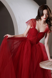 Red Tulle Long A Line Prom Dress, Off the Shoulder Evening Graduation Dress PFP2403