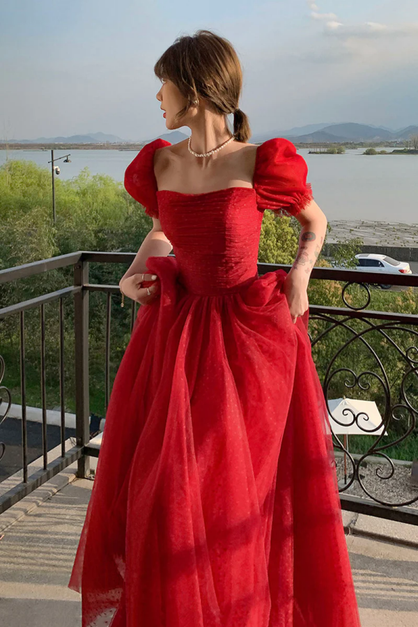 Red Tulle Long A Line Prom Dress, Cute Short Sleeve Graduation Dress P –  Promfast