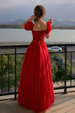 Red Tulle Long A Line Prom Dress, Cute Short Sleeve Graduation Dress PFP2404