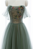 Gray Green Tulle Beaded Long Prom Dress, Beautiful A Line Evening Dress PFP2405