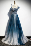 Blue Tulle Beading Long A Line Prom Dress, Scoop Neckline Evening Dress PFP2407