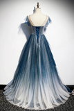 Blue Tulle Beading Long A Line Prom Dress, Scoop Neckline Evening Dress PFP2407