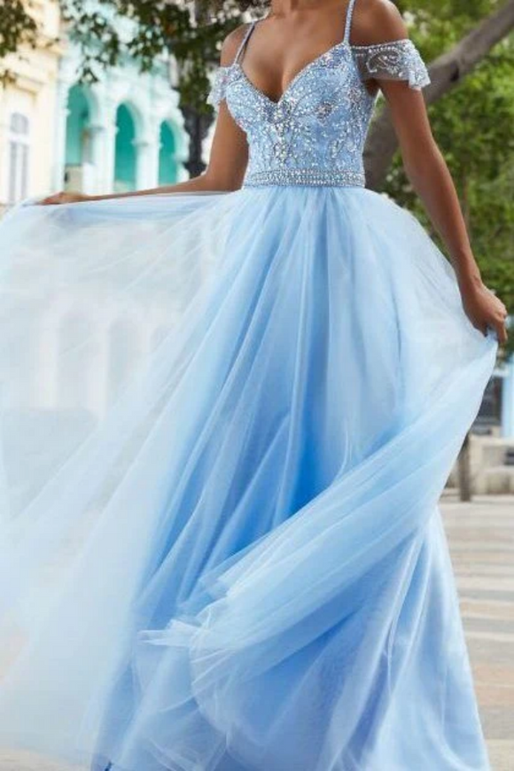A Line Tulle Sky Blue Crystals Beaded Prom Dress, Party Gown PFP2408