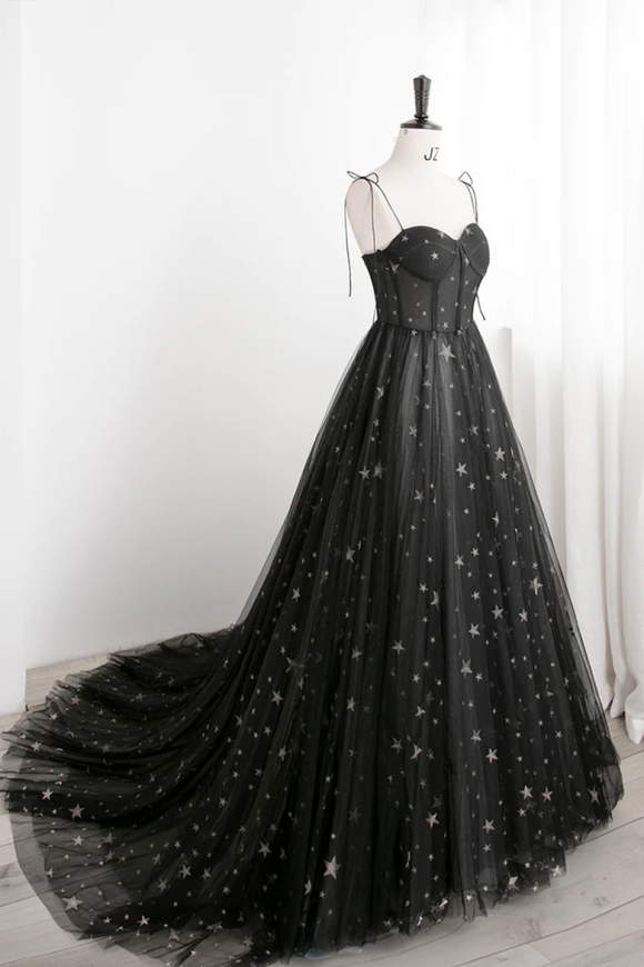 Black Tulle Long Prom Dress with Stars, Cute Spaghetti Straps Graduation Dress PFP2409