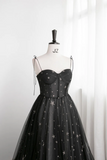 Black Tulle Long Prom Dress with Stars, Cute Spaghetti Straps Graduation Dress PFP2409