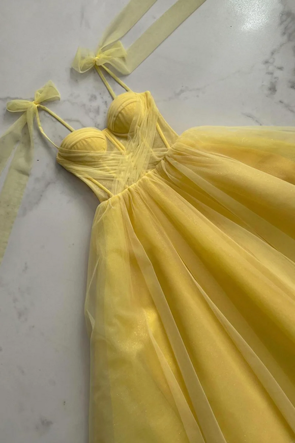 Yellow Tulle Long A Line Evening Dress, Cute Spaghetti Strap Prom Dress PFP2410