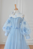 Blue Tulle Flowers Long Prom Dress, Lovely A Line Puff Sleeve Evening Dress PFP2411