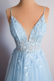 Light Blue V Neck Lace Up Appliques Tulle Long Prom Dress Evening Dress PFP2413