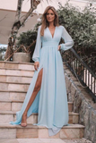 Light Blue Long Sleeves V Neck Chiffon Side Slit Prom Dresses PFP2414
