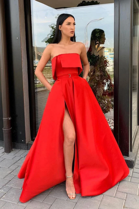 Modern Side Slit Long Red Prom Dress with Ribbon PFP2416