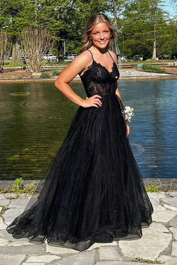 V Neck Beaded Black Lace Long Prom Dress, Black Tulle Formal Dress PFP2418