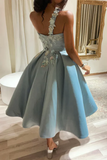 One Shoulder Satin Homecoming Dress with Floral Appliques PFH0447